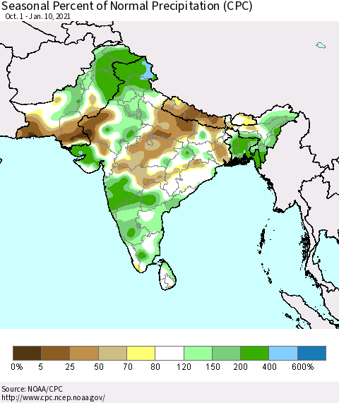 Southern Asia Seasonal Percent of Normal Precipitation (CPC) Thematic Map For 10/1/2020 - 1/10/2021