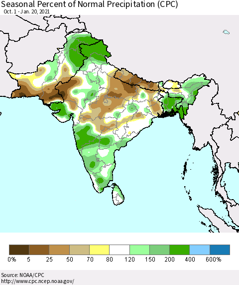 Southern Asia Seasonal Percent of Normal Precipitation (CPC) Thematic Map For 10/1/2020 - 1/20/2021