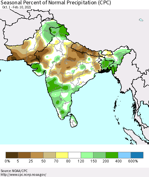 Southern Asia Seasonal Percent of Normal Precipitation (CPC) Thematic Map For 10/1/2020 - 2/10/2021