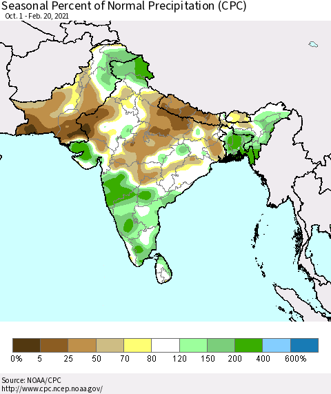 Southern Asia Seasonal Percent of Normal Precipitation (CPC) Thematic Map For 10/1/2020 - 2/20/2021