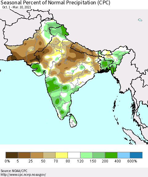 Southern Asia Seasonal Percent of Normal Precipitation (CPC) Thematic Map For 10/1/2020 - 3/10/2021