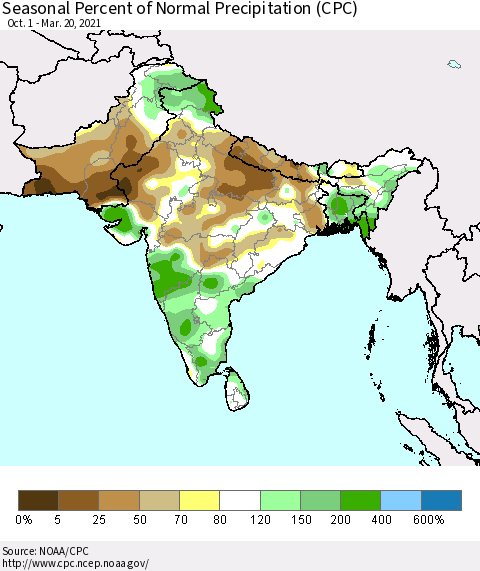 Southern Asia Seasonal Percent of Normal Precipitation (CPC) Thematic Map For 10/1/2020 - 3/20/2021