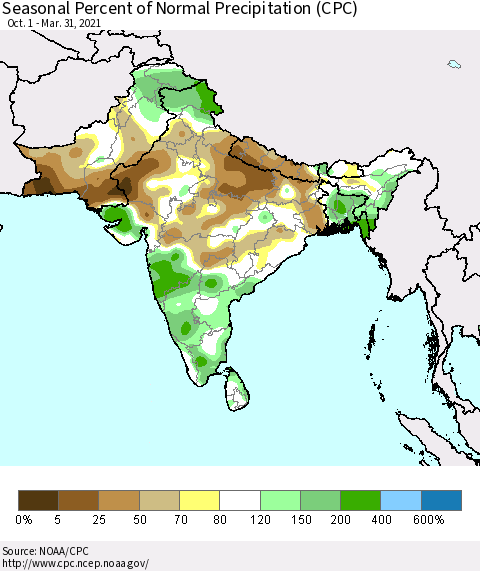 Southern Asia Seasonal Percent of Normal Precipitation (CPC) Thematic Map For 10/1/2020 - 3/31/2021