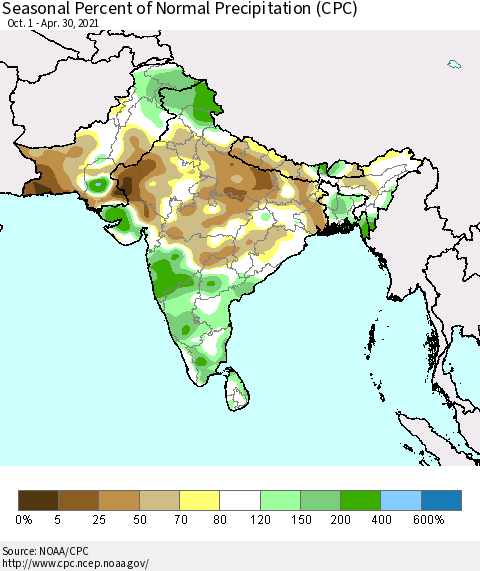 Southern Asia Seasonal Percent of Normal Precipitation (CPC) Thematic Map For 10/1/2020 - 4/30/2021