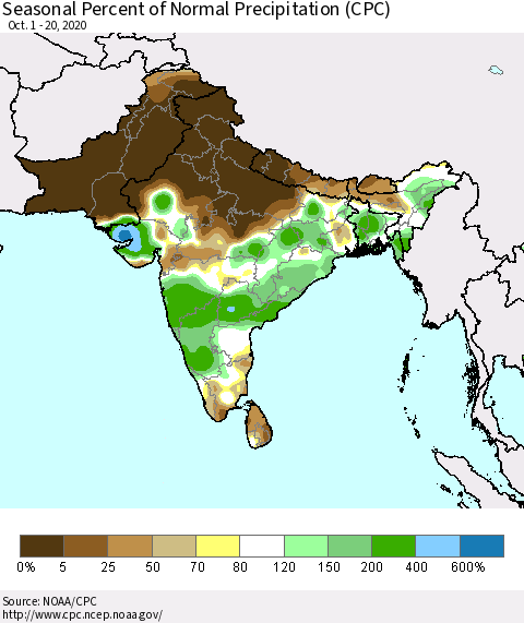 Southern Asia Seasonal Percent of Normal Precipitation (CPC) Thematic Map For 10/1/2020 - 10/20/2020