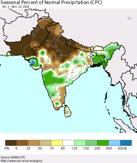 Southern Asia Seasonal Percent of Normal Precipitation (CPC) Thematic Map For 10/1/2020 - 11/10/2020
