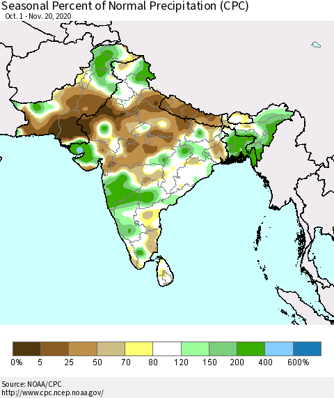 Southern Asia Seasonal Percent of Normal Precipitation (CPC) Thematic Map For 10/1/2020 - 11/20/2020