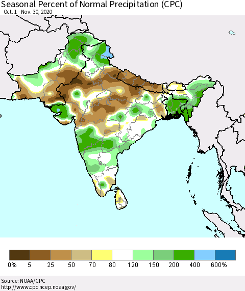 Southern Asia Seasonal Percent of Normal Precipitation (CPC) Thematic Map For 10/1/2020 - 11/30/2020