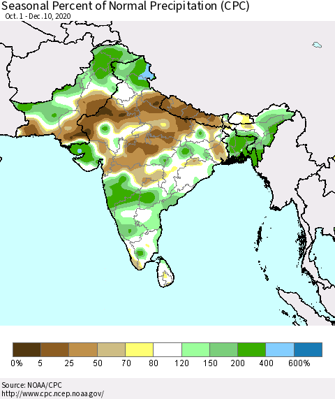 Southern Asia Seasonal Percent of Normal Precipitation (CPC) Thematic Map For 10/1/2020 - 12/10/2020