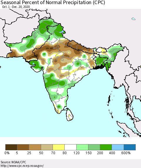 Southern Asia Seasonal Percent of Normal Precipitation (CPC) Thematic Map For 10/1/2020 - 12/20/2020