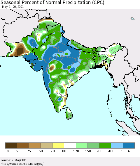Southern Asia Seasonal Percent of Normal Precipitation (CPC) Thematic Map For 5/1/2021 - 5/20/2021