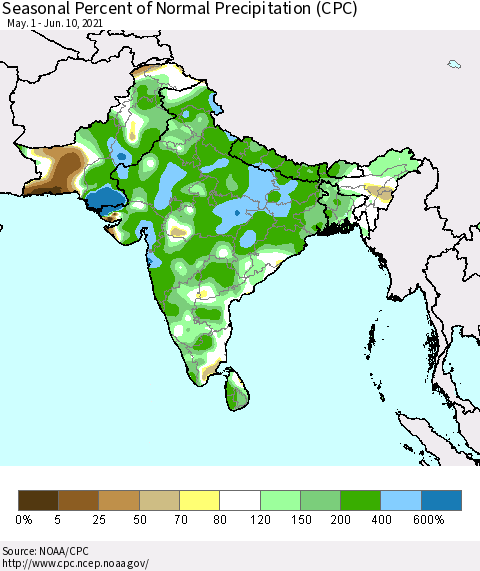 Southern Asia Seasonal Percent of Normal Precipitation (CPC) Thematic Map For 5/1/2021 - 6/10/2021