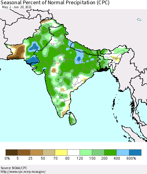 Southern Asia Seasonal Percent of Normal Precipitation (CPC) Thematic Map For 5/1/2021 - 6/20/2021