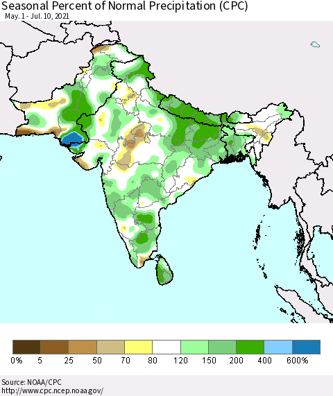 Southern Asia Seasonal Percent of Normal Precipitation (CPC) Thematic Map For 5/1/2021 - 7/10/2021