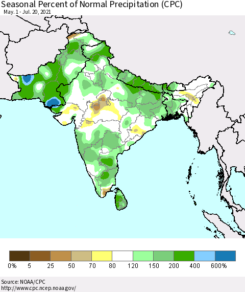Southern Asia Seasonal Percent of Normal Precipitation (CPC) Thematic Map For 5/1/2021 - 7/20/2021