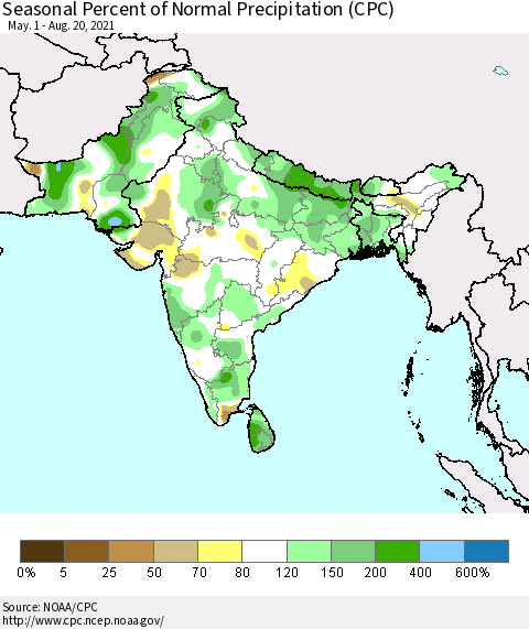 Southern Asia Seasonal Percent of Normal Precipitation (CPC) Thematic Map For 5/1/2021 - 8/20/2021
