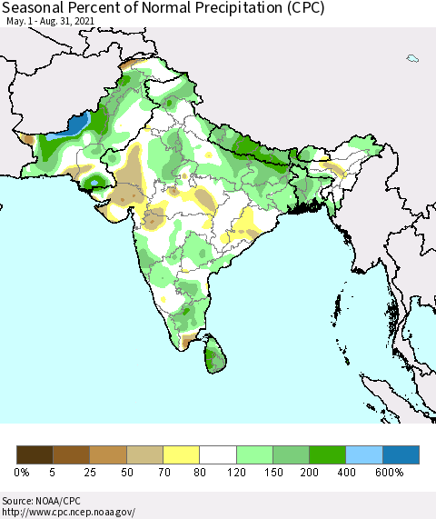 Southern Asia Seasonal Percent of Normal Precipitation (CPC) Thematic Map For 5/1/2021 - 8/31/2021