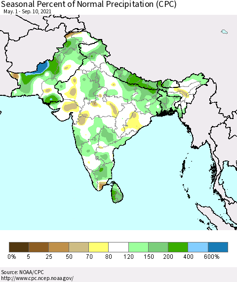 Southern Asia Seasonal Percent of Normal Precipitation (CPC) Thematic Map For 5/1/2021 - 9/10/2021