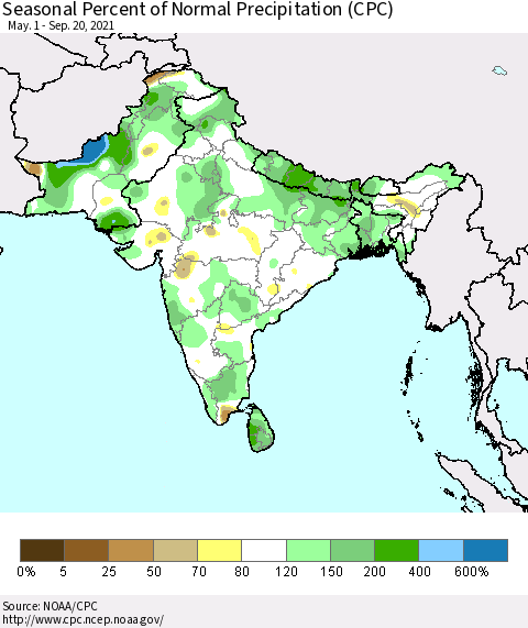 Southern Asia Seasonal Percent of Normal Precipitation (CPC) Thematic Map For 5/1/2021 - 9/20/2021