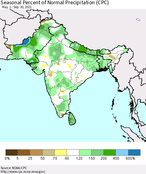 Southern Asia Seasonal Percent of Normal Precipitation (CPC) Thematic Map For 5/1/2021 - 9/30/2021