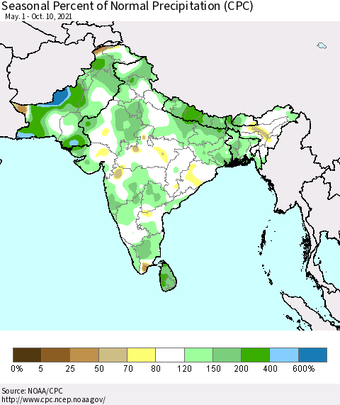 Southern Asia Seasonal Percent of Normal Precipitation (CPC) Thematic Map For 5/1/2021 - 10/10/2021