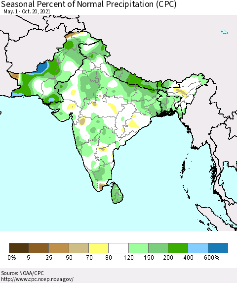 Southern Asia Seasonal Percent of Normal Precipitation (CPC) Thematic Map For 5/1/2021 - 10/20/2021