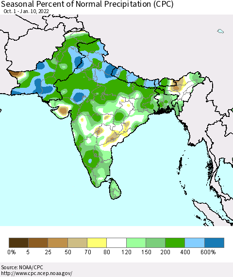 Southern Asia Seasonal Percent of Normal Precipitation (CPC) Thematic Map For 10/1/2021 - 1/10/2022