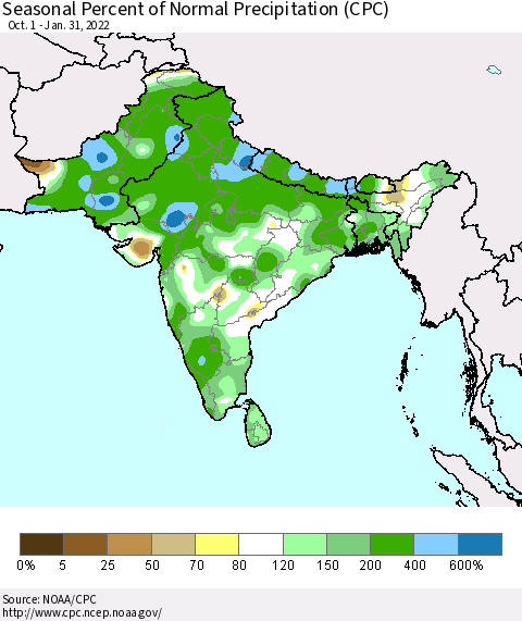 Southern Asia Seasonal Percent of Normal Precipitation (CPC) Thematic Map For 10/1/2021 - 1/31/2022