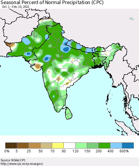 Southern Asia Seasonal Percent of Normal Precipitation (CPC) Thematic Map For 10/1/2021 - 2/10/2022