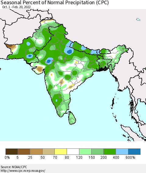 Southern Asia Seasonal Percent of Normal Precipitation (CPC) Thematic Map For 10/1/2021 - 2/20/2022