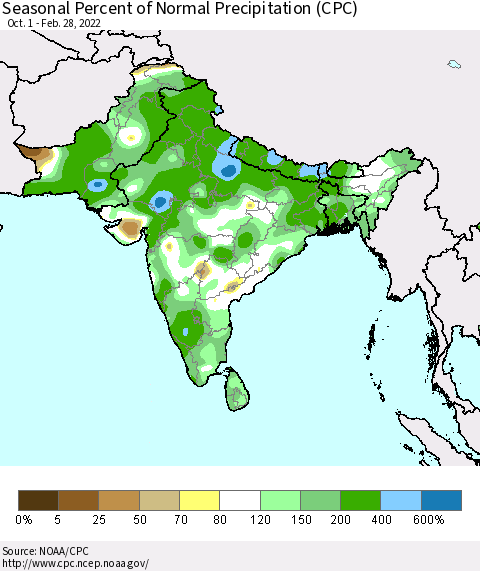 Southern Asia Seasonal Percent of Normal Precipitation (CPC) Thematic Map For 10/1/2021 - 2/28/2022