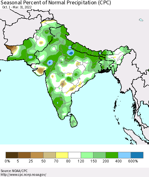 Southern Asia Seasonal Percent of Normal Precipitation (CPC) Thematic Map For 10/1/2021 - 3/31/2022