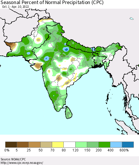 Southern Asia Seasonal Percent of Normal Precipitation (CPC) Thematic Map For 10/1/2021 - 4/10/2022