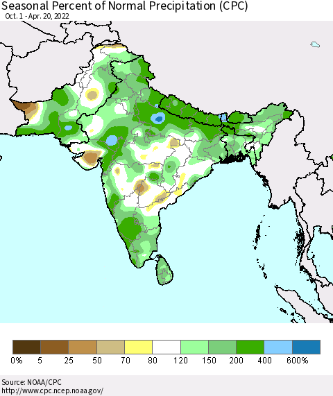 Southern Asia Seasonal Percent of Normal Precipitation (CPC) Thematic Map For 10/1/2021 - 4/20/2022