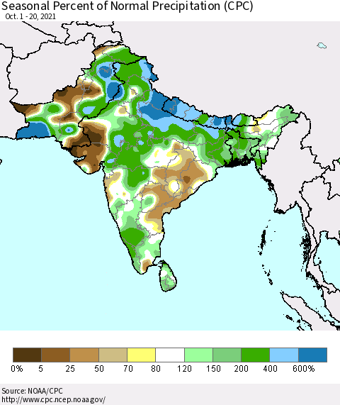 Southern Asia Seasonal Percent of Normal Precipitation (CPC) Thematic Map For 10/1/2021 - 10/20/2021