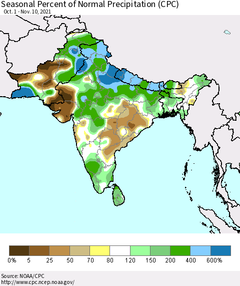 Southern Asia Seasonal Percent of Normal Precipitation (CPC) Thematic Map For 10/1/2021 - 11/10/2021