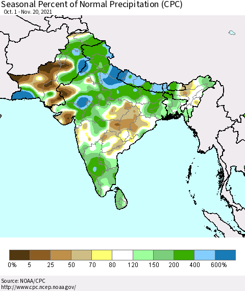 Southern Asia Seasonal Percent of Normal Precipitation (CPC) Thematic Map For 10/1/2021 - 11/20/2021