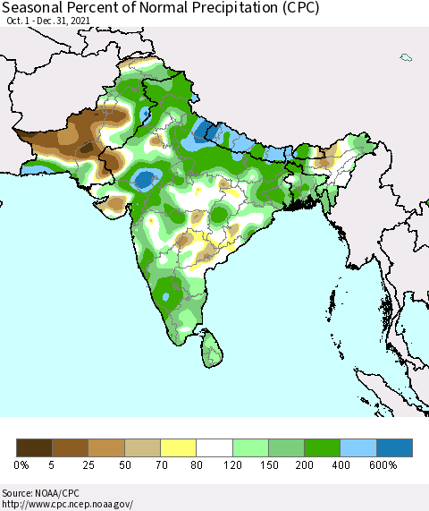 Southern Asia Seasonal Percent of Normal Precipitation (CPC) Thematic Map For 10/1/2021 - 12/31/2021