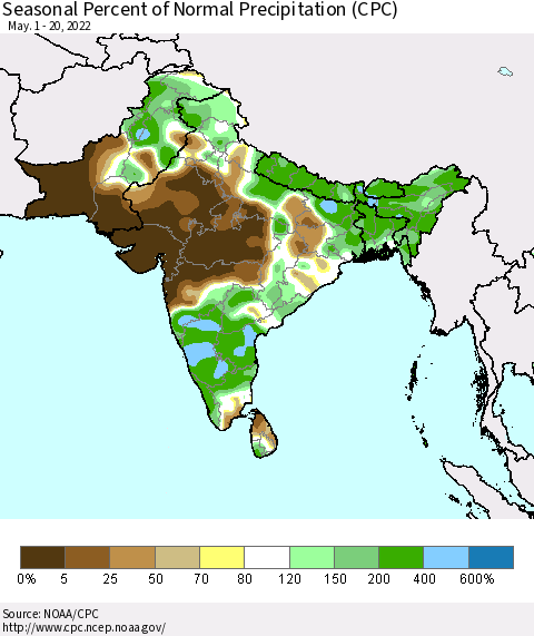 Southern Asia Seasonal Percent of Normal Precipitation (CPC) Thematic Map For 5/1/2022 - 5/20/2022