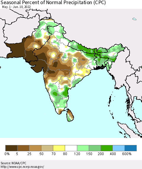 Southern Asia Seasonal Percent of Normal Precipitation (CPC) Thematic Map For 5/1/2022 - 6/10/2022