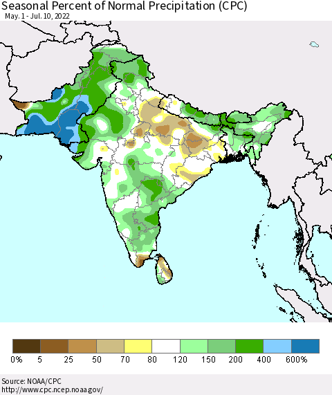 Southern Asia Seasonal Percent of Normal Precipitation (CPC) Thematic Map For 5/1/2022 - 7/10/2022