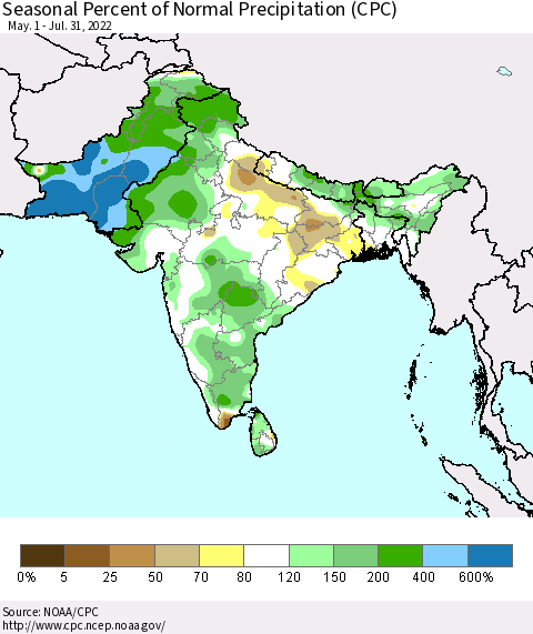 Southern Asia Seasonal Percent of Normal Precipitation (CPC) Thematic Map For 5/1/2022 - 7/31/2022