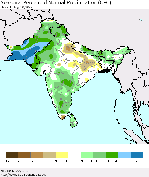Southern Asia Seasonal Percent of Normal Precipitation (CPC) Thematic Map For 5/1/2022 - 8/10/2022