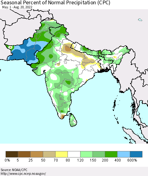 Southern Asia Seasonal Percent of Normal Precipitation (CPC) Thematic Map For 5/1/2022 - 8/20/2022