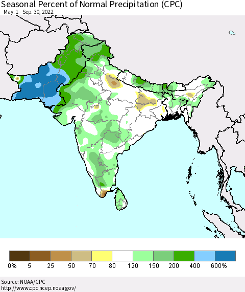 Southern Asia Seasonal Percent of Normal Precipitation (CPC) Thematic Map For 5/1/2022 - 9/30/2022