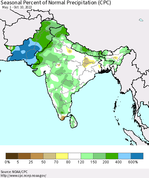 Southern Asia Seasonal Percent of Normal Precipitation (CPC) Thematic Map For 5/1/2022 - 10/10/2022