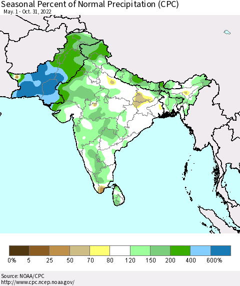 Southern Asia Seasonal Percent of Normal Precipitation (CPC) Thematic Map For 5/1/2022 - 10/31/2022