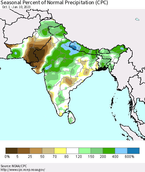 Southern Asia Seasonal Percent of Normal Precipitation (CPC) Thematic Map For 10/1/2022 - 1/10/2023