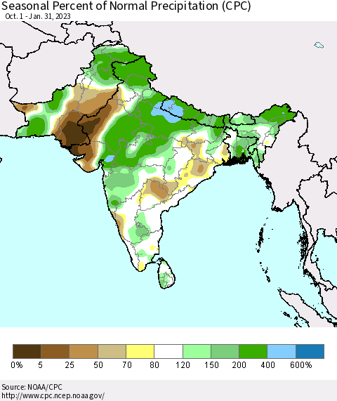 Southern Asia Seasonal Percent of Normal Precipitation (CPC) Thematic Map For 10/1/2022 - 1/31/2023