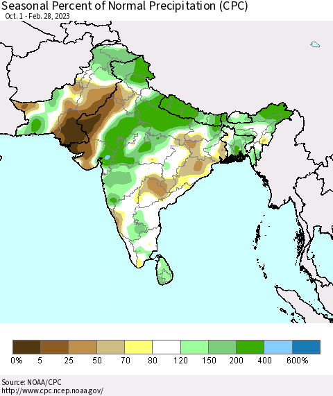 Southern Asia Seasonal Percent of Normal Precipitation (CPC) Thematic Map For 10/1/2022 - 2/28/2023